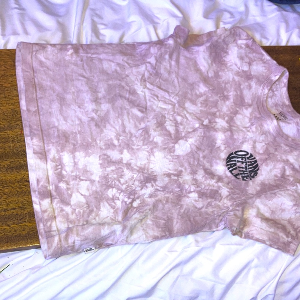 White and lavender tie dye vans off the wall tee-shirt,